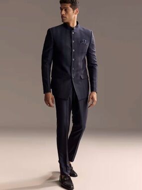 Blue Rayon Jodhpuri Suit With Subtle Pattern